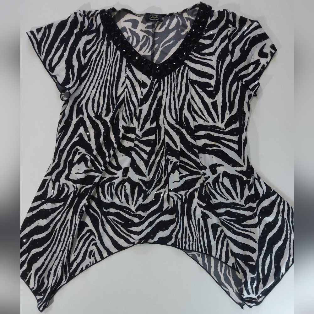 Shannon Ford Blouse Large Zebra‎ Print Asymmetrical Black Studded Rhinestone Top
